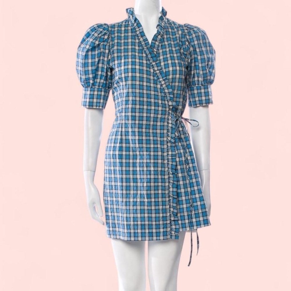 Ganni Blue and White Gingham Print Puff Sleeve Wrap Dress